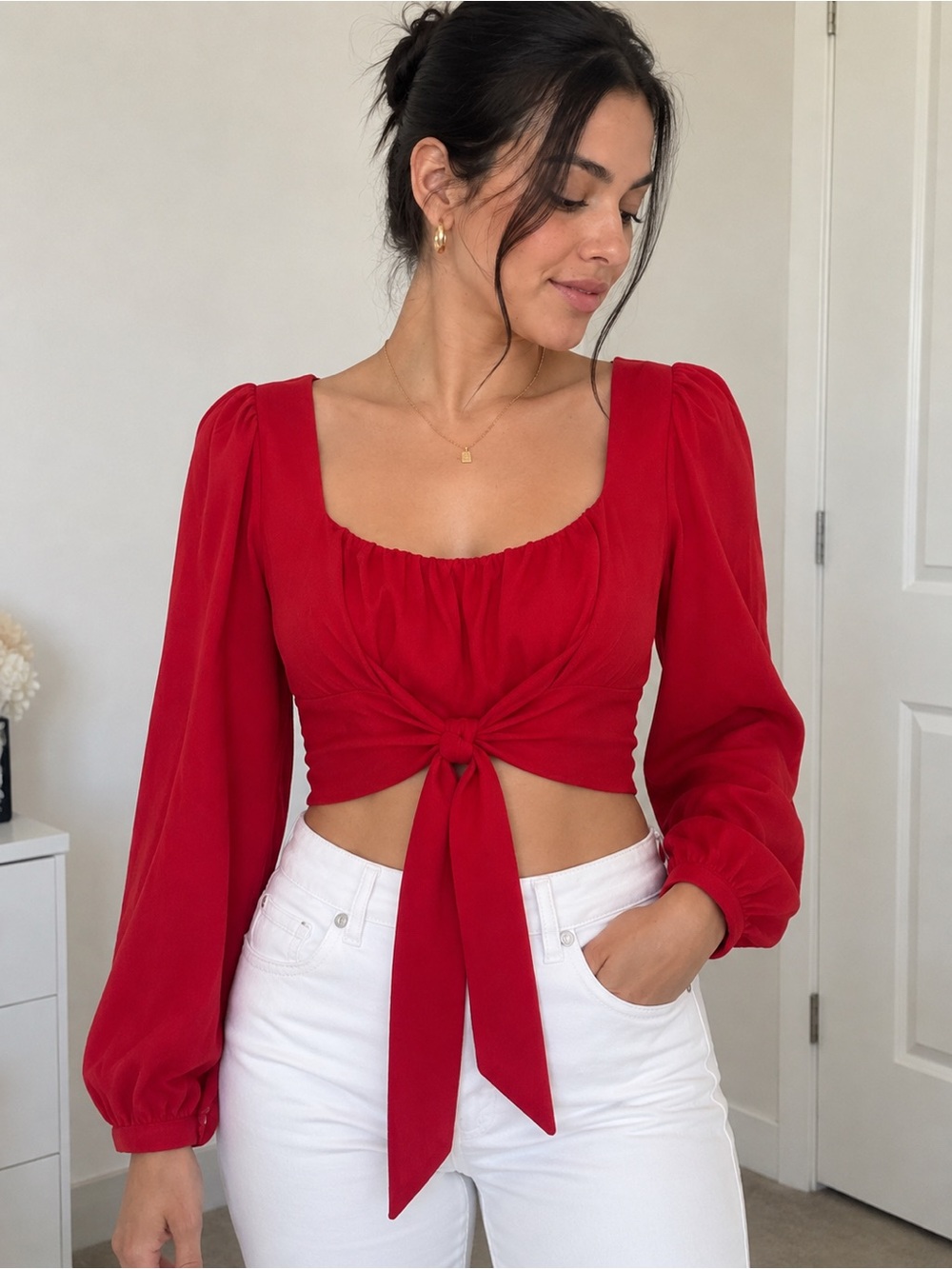 Forever 21 Red Tie Front Crop Top Long Sleeve Size S